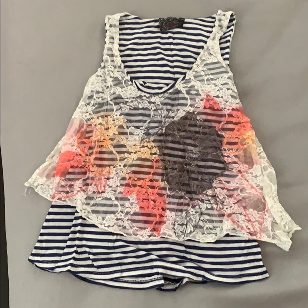 Striped tee with floral overlay